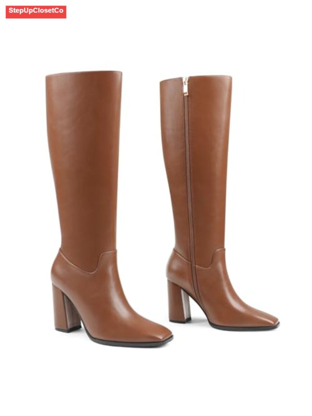 Women's Knee High Boots Square Toe Chunky Heeled Boots Faux Leather Long Boots